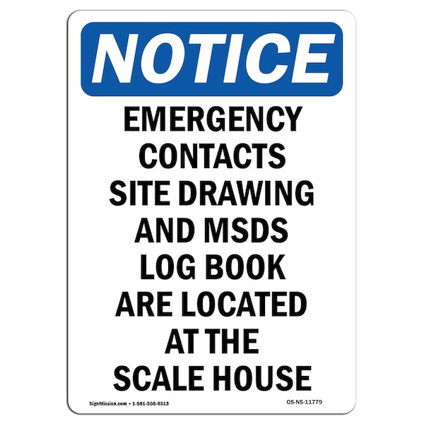 Safety Sign, OSHA Notice, 5" Height, Emergency Contacts Site Drawing Sign, Portrait, 10PK
